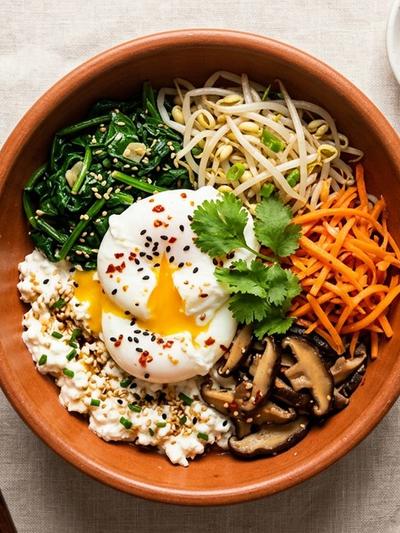 Korean Sesame Cottage Cheese Bowl with Poached Eggs and Namul