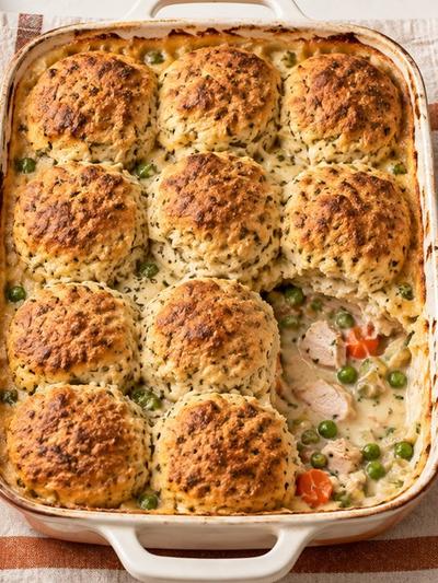 Meal Prep American Turkey Pot Pie Casserole with Herb Biscuit Crust