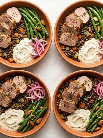 Meal Prep French Pork and Puy Lentil Bowls with Dijon-Herb Yogurt