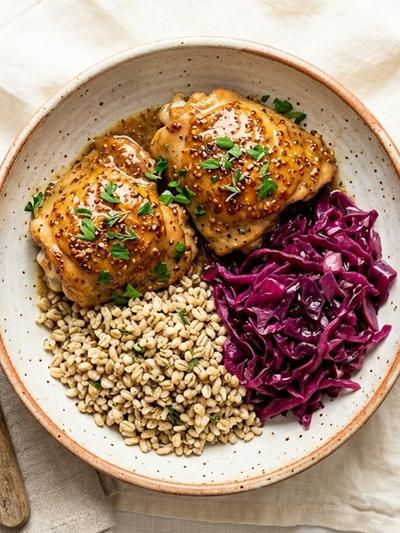 Meal Prep German Mustard Chicken with Braised Red Cabbage and Barley