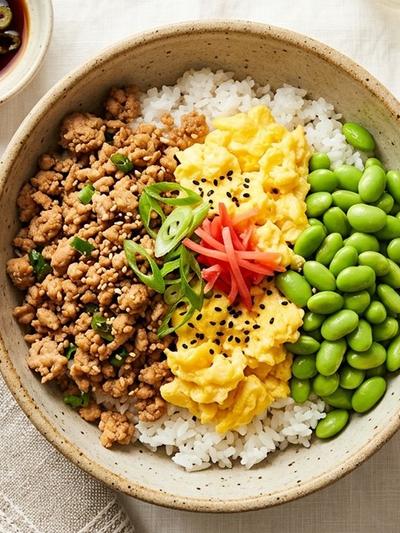 Meal Prep Japanese Turkey Soboro Bowls with Sweet Egg and Edamame