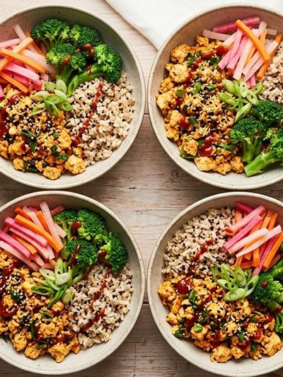 Meal Prep Korean Gochujang Tofu Scramble Bowls with Pickled Radish