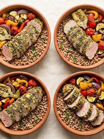 Meal Prep Mediterranean Herb-Crusted Pork with Farro and Roasted Vegetables