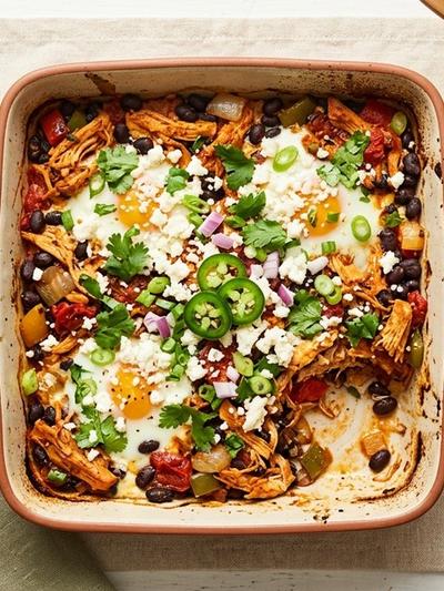 Meal Prep Mexican Chicken Tinga Egg Bake with Black Beans and Cotija