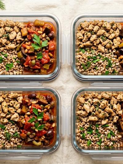 Meal Prep Sicilian Turkey and Eggplant Caponata Bowls with Herbed Farro