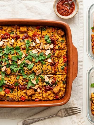Meal Prep Tunisian Tempeh and Red Lentil Breakfast Bake with Harissa