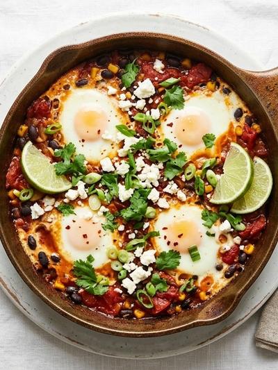 Mexican Chipotle Eggs with Black Beans and Queso Fresco