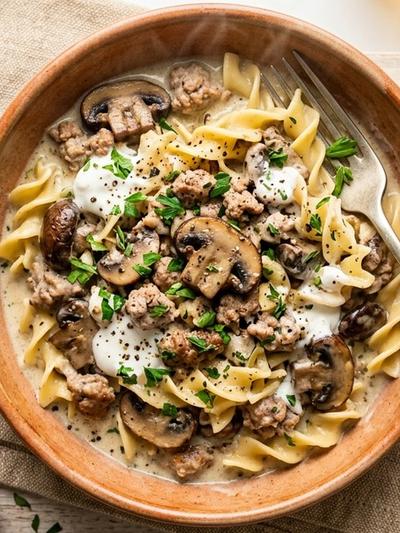 One-Pot American Turkey Mushroom Stroganoff with Greek Yogurt