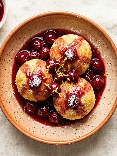 One-Pot Austrian Cottage Cheese Dumplings with Warm Cherry Sauce