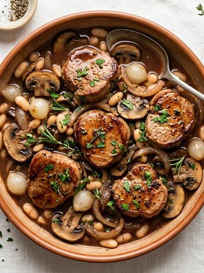One-Pot Burgundy Pork Medallions with Mushrooms and White Beans