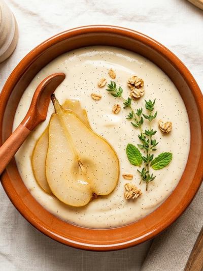 One-Pot French Vanilla Tofu Custard with Poached Pears