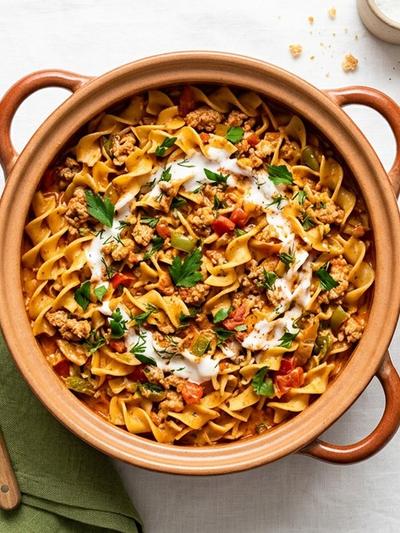 One-Pot Hungarian Turkey Paprikash with Egg Noodles