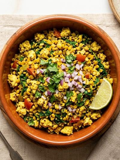 One-Pot Indian Tofu Bhurji with Golden Moong Dal and Spinach