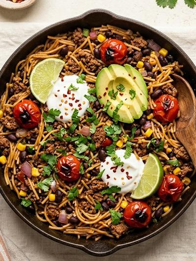 One-Pot Mexican Beef Fideo with Charred Tomato and Black Beans