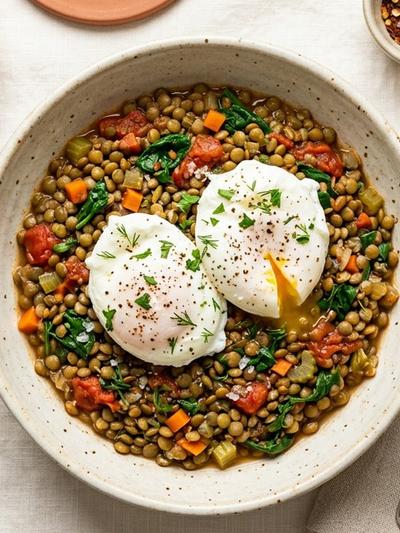 Poached Eggs over Italian Herb Lentils: Warm High-Protein GLP-1 Lunch