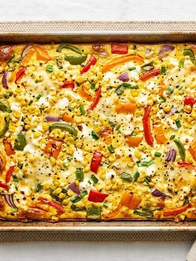 Sheet Pan American Egg, Corn, and Pepper Bake with Chive Yogurt