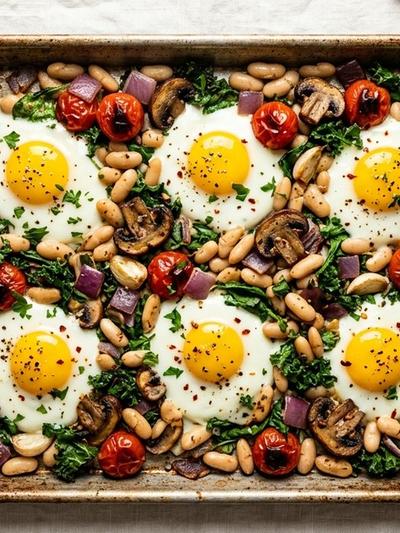 Sheet Pan American Farmhouse Egg and White Bean Dinner