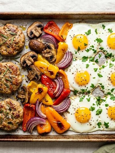 Sheet Pan American Turkey Sausage Breakfast with Mushrooms and Baked Eggs