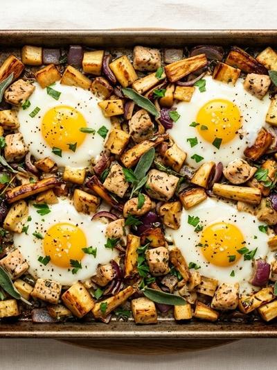 Sheet Pan British Chicken and Parsnip Breakfast Hash with Sage Baked Eggs