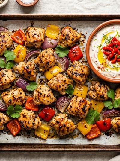 Sheet Pan Caribbean Allspice Chicken Bites with Pepper Yogurt