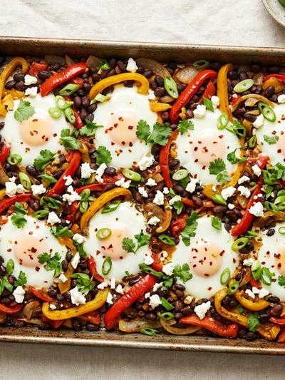 Sheet Pan Caribbean Baked Eggs with Roasted Peppers and Black Beans