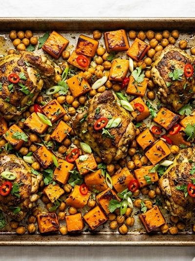 Sheet Pan Caribbean Curry Turkey with Roasted Squash and Chickpeas