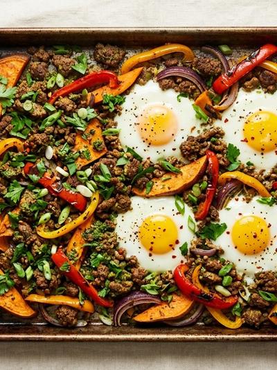 Sheet Pan Caribbean Green Seasoning Beef with Roasted Yam and Eggs