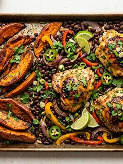 Sheet Pan Caribbean Mojo Chicken with Roasted Sweet Potato and Black Beans
