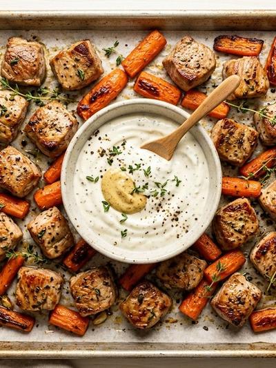 Sheet Pan Flemish Pork Bites with Roasted Carrots and Mustard-Thyme Yogurt