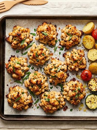 Sheet Pan French Chicken and White Bean Bites with Tarragon Yogurt