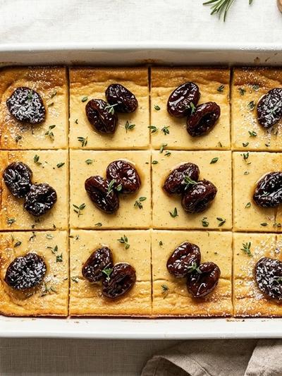 Sheet Pan French Vanilla Custard Squares with Honeyed Prunes
