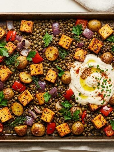 Sheet Pan German Tofu and Lentil Breakfast Hash with Mustard Yogurt