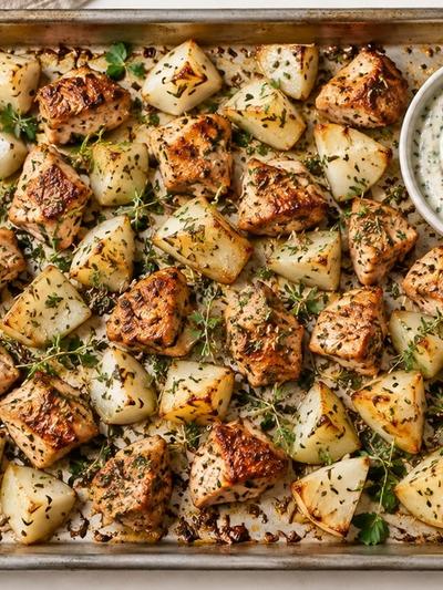 Sheet Pan German Turkey and Kohlrabi Bites with Mustard-Herb Yogurt