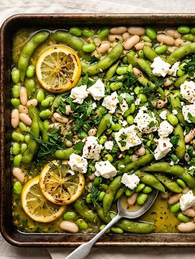 Sheet Pan Greek Poached Edamame with Lemon, Dill, and Feta