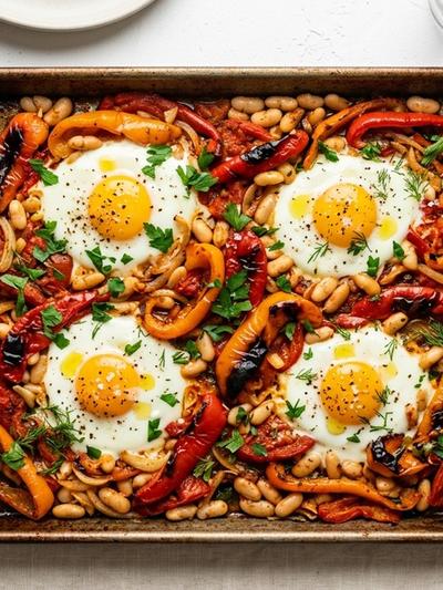 Sheet Pan Hungarian Paprika Eggs with Roasted Peppers and White Beans