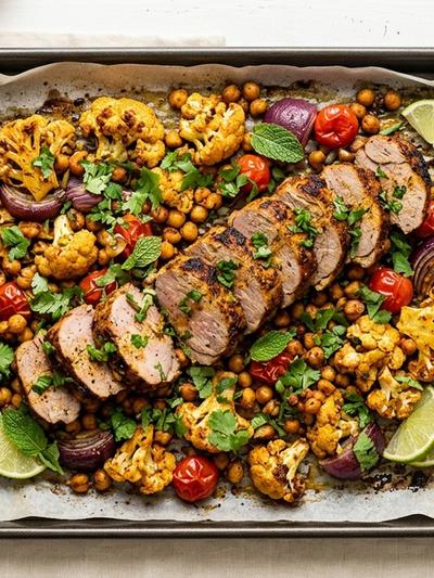 Sheet Pan Indian Cumin Pork with Roasted Cauliflower and Chickpeas