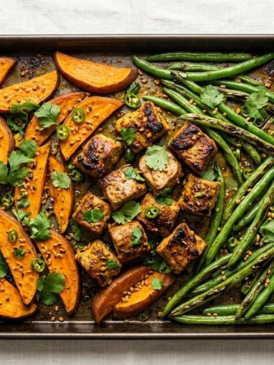 Sheet Pan Indian Fenugreek Pork with Sweet Potato and Green Beans