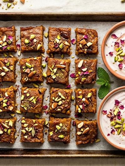 Sheet Pan Indian Saffron Beef Halwa Bites with Rose Yogurt