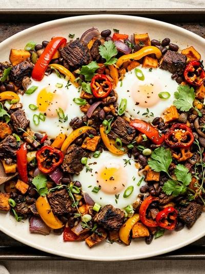 Sheet Pan Jerk Beef Breakfast Hash with Roasted Peppers