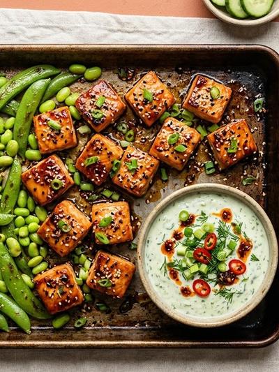 Sheet Pan Korean Sesame-Ginger Salmon Bites with Cucumber-Scallion Dip