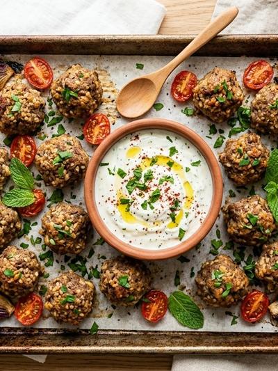 Sheet Pan Levantine Beef Kibbeh Bites with Mint Yogurt