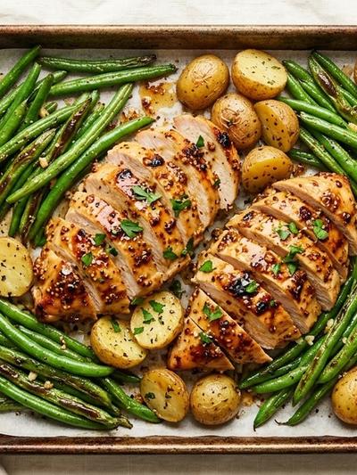 Sheet Pan Maple-Mustard Turkey with Green Beans and Baby Potatoes