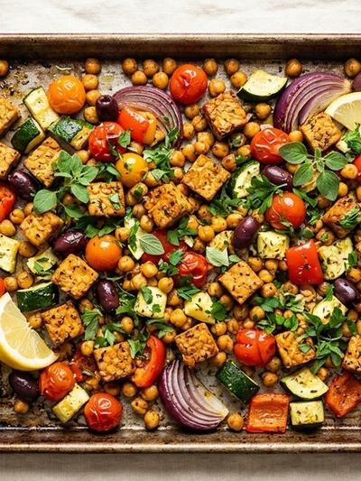 Sheet Pan Mediterranean Tempeh Breakfast Hash with Crispy Chickpeas