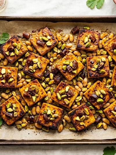 Sheet Pan Moroccan Orange Blossom Tofu Squares with Dates and Pistachios
