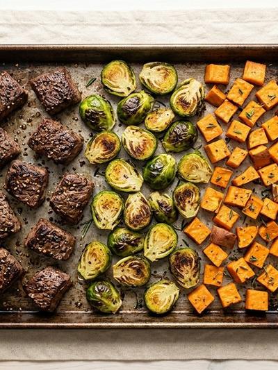 Sheet Pan Peppered Sirloin with Brussels Sprouts and Sweet Potato