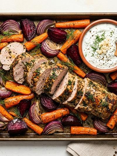 Sheet Pan Polish Pork Tenderloin with Roasted Beets and Horseradish Yogurt