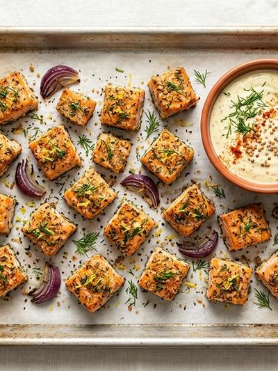 Sheet Pan Scandinavian Dill Salmon Bites with Mustard Yogurt