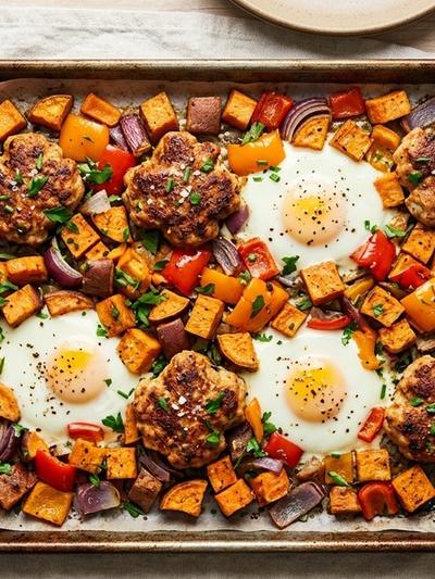 Sheet Pan Smoky Chicken Sausage Breakfast with Sweet Potato and Eggs