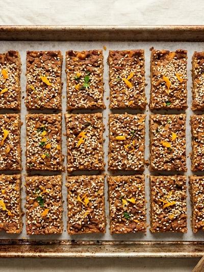Sheet Pan Tunisian Beef and Sesame Protein Bars with Orange
