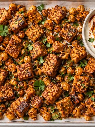 Sheet Pan Tunisian Spiced Tempeh and Chickpea Bites with Harissa Yogurt